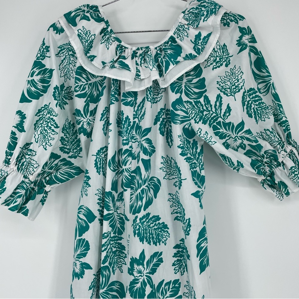 Vtg 70s Almost Paradis Dress  Turquoise Orchid Hawaiian Long Muumuu Med - Picture 2 of 7